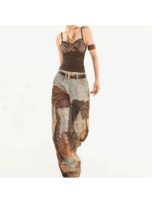 Direct spray printing graffiti tattered loose casual mud dyed damaged plus size men's jeans