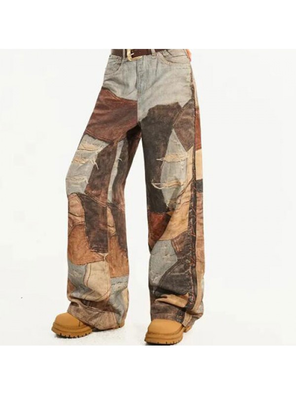 Direct spray printing graffiti tattered loose casual mud dyed damaged plus size men's jeans