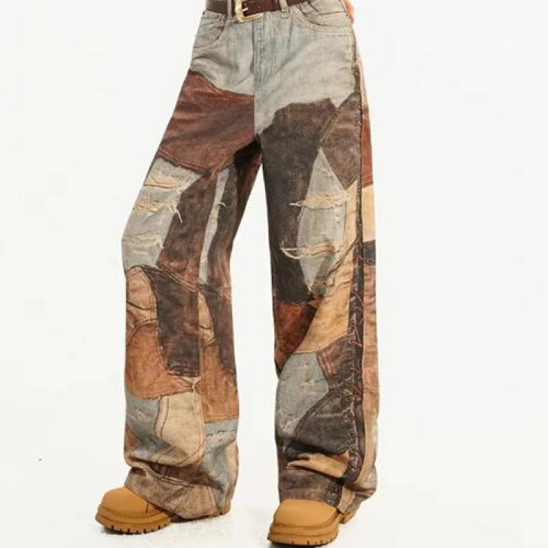 Direct spray printing graffiti tattered loose casual mud dyed damaged plus size men's jeans